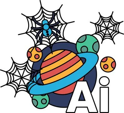 Cartoon planet with rings surrounded by spiders and bubbles Illustrazione stock
