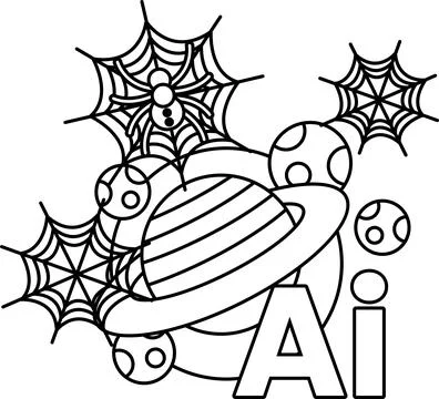 Cartoon planet with rings surrounded by spiders and bubbles Stock Illustration