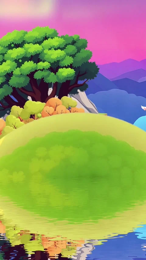 Cartoon Planet with Trees, Mountain, and Sky with Violet Tone Style in Animatio Video stock 304101559