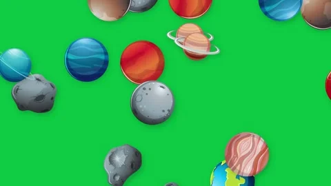 Cartoon Planets and Asteroids Falling Downward on Green Screen Background Stock Footage 339754055
