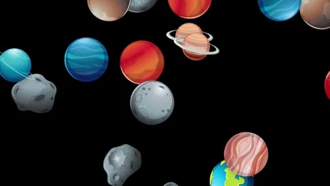 Cartoon Planets and Asteroids Falling Downward on Black Background Stock Footage 339755846