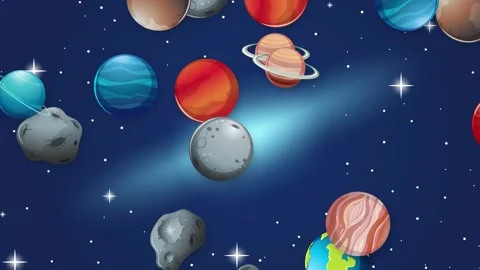 Cartoon Planets and Asteroids Falling Through Deep Space Background Stock Footage 341067404