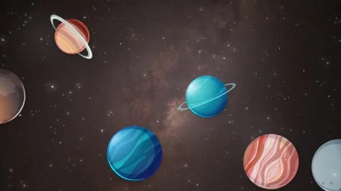 Cartoon Planets and Celestial Objects Floating Over Starry Space Background Stock Footage 340195603