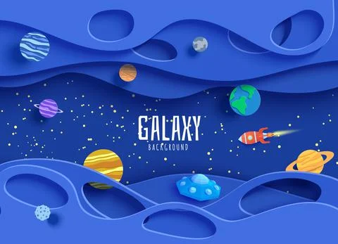 Cartoon planets, red polygonal rocket and origami UFO. Wavy layered background Illustrazione stock