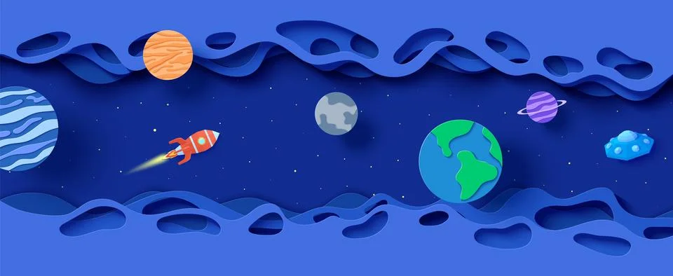 Cartoon planets, red polygonal rocket and origami UFO. Wavy layered cosmic Stock Illustration