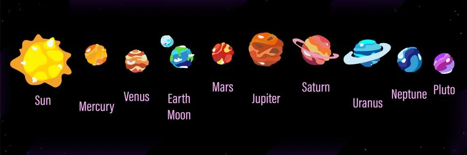 Cartoon planets solar system set, isolated on black background Stock Illustration