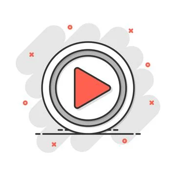 Cartoon play button icon in comic Start illustration pictogram. Click sign sp Stock Illustration