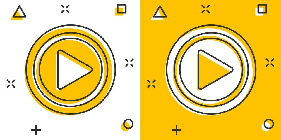 Cartoon play button icon in comic Start illustration pictogram. Click sign sp Stock Illustration