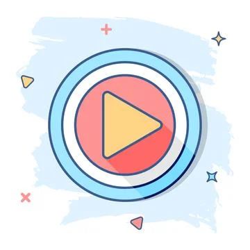 Cartoon play button icon in comic Start illustration pictogram. Click sign sp Stock Illustration