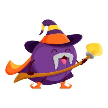 Cartoon plum fruit wizard or magician character Stock Illustration