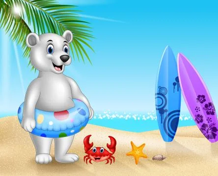 Cartoon polar bear with inflatable ring in the tropical beach Stock Illustration