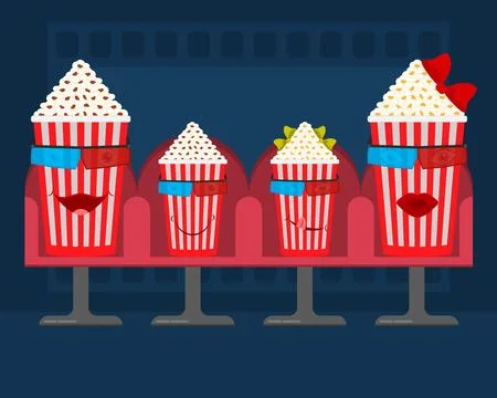 Cartoon popcorn buckets with faces. Vector illustration. Illustrazione stock