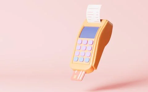 Cartoon pos machine model, pay terminal, 3d rendering. Illustrazione stock