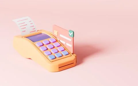 Cartoon pos machine model, pay terminal, 3d rendering. Illustrazione stock