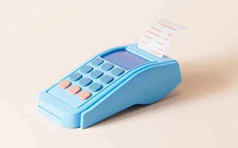 Cartoon pos machine model, pay terminal, 3d rendering. Illustrazione stock