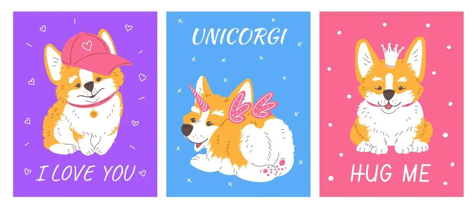 Cartoon posters vector set with Corgi dog with horn, wings, crown, baseball cap Illustrazione stock
