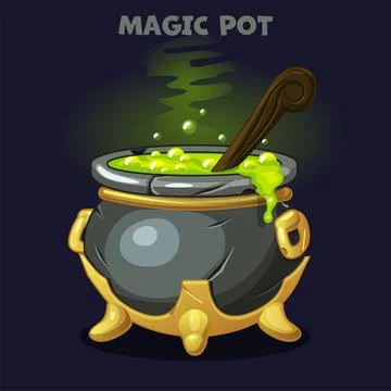 Cartoon pot with Magic potion. Spooky witch caldron with green magic soup in  Stock Illustration