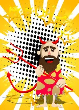 Cartoon prehistoric man devil with pitchfork. Vector illustration of a man fr Stock Illustration