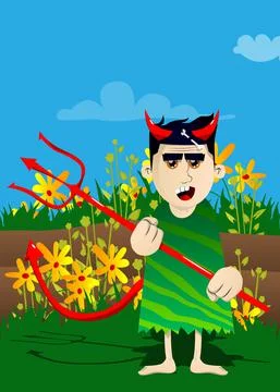 Cartoon prehistoric man devil with pitchfork. Vector illustration of a man fr イラスト素材