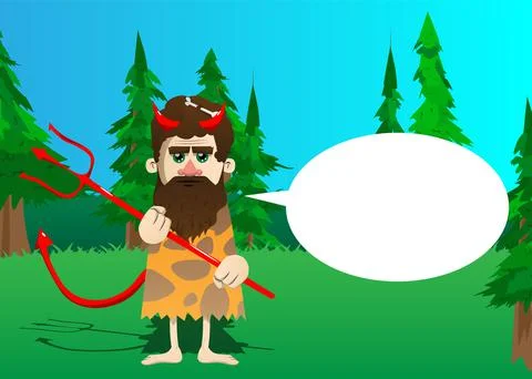 Cartoon prehistoric man devil with pitchfork. Vector illustration of a man fr Stock Illustration