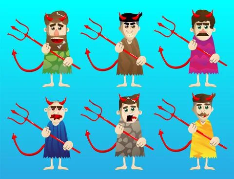 Cartoon prehistoric man devil with pitchfork. Vector illustration of a man fr 스톡 일러스트