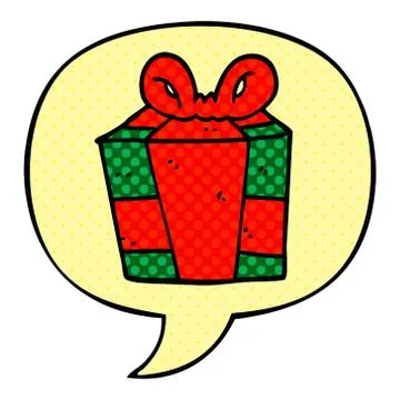 Cartoon present and speech bubble in comic book style Stock Illustration