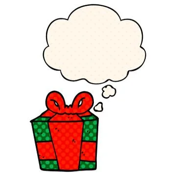 Cartoon present and thought bubble in comic book style Stock Illustration