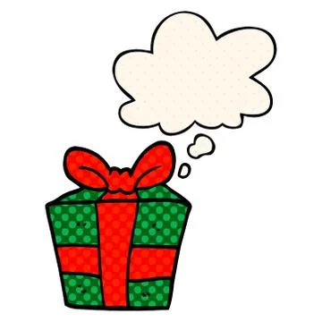 Cartoon present and thought bubble in comic book style Stock Illustration