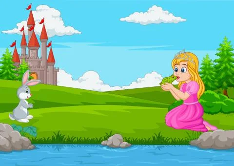 Cartoon princess kissing a green frog Stock Illustration
