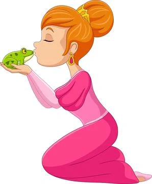 Cartoon princess kissing a green frog Stock Illustration