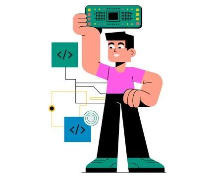 Cartoon programmer holding a microchip with coding symbols and circuitry. Stock Illustration