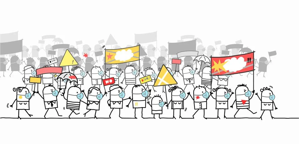 Cartoon Protesting and Walking group of  People - with Protection Masks Stock Illustration