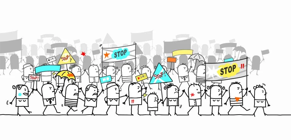 Cartoon Protesting and Walking group of  People Stock Illustration