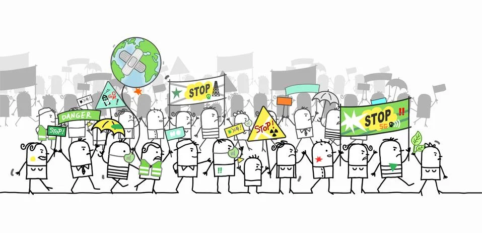 Cartoon Protesting and Walking group of  People - Ecological Stock Illustration