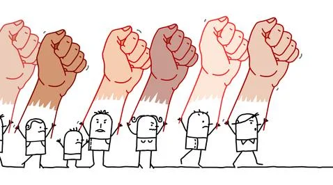 Cartoon Protesting People with Big multi-ethnical Raised Fists Stock Illustration