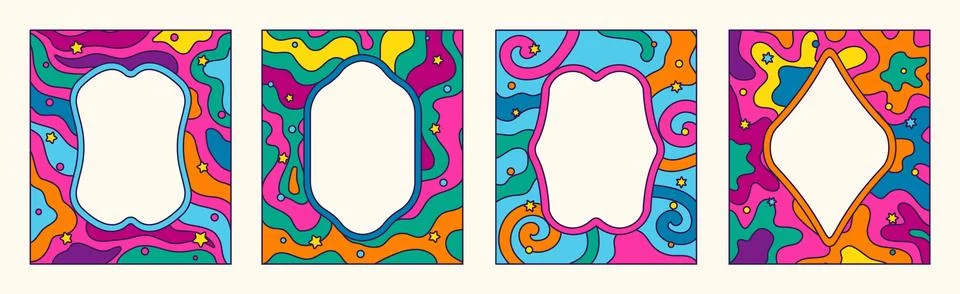 Cartoon psychedelic groovy frames, retro borders Stock-Illustration