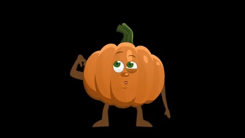 Cartoon Pumpkin. 4th Pose Think with Animated Face. Alpha Channel Stock Footage 80384437