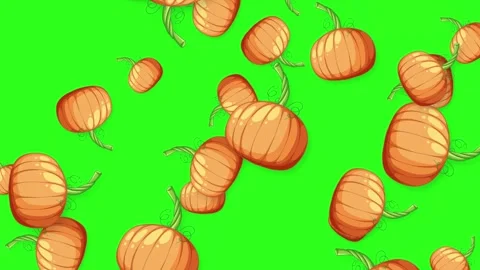 Cartoon Pumpkins Falling Down Against a Bright Green Background Stock Footage 344617188