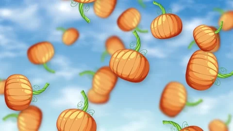 Cartoon Pumpkins Falling Through a Bright Blue Sky with Clouds Stock Footage 342319326
