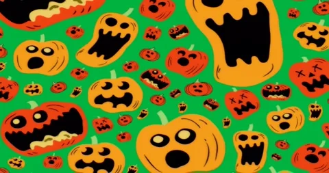 Cartoon pumpkins floating over clear background, showing jack-o'-lantern faces Video stock 317527418