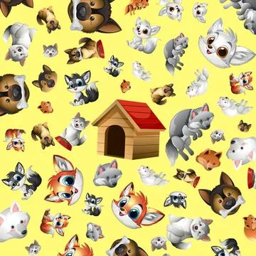 Cartoon Puppy and Doghouse Pattern with German Shepherd and Husky Characters Stock Illustration