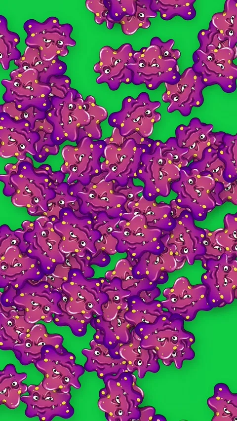 Cartoon Purple Germs Falling Against a Solid Green Background Stock Footage 344717704