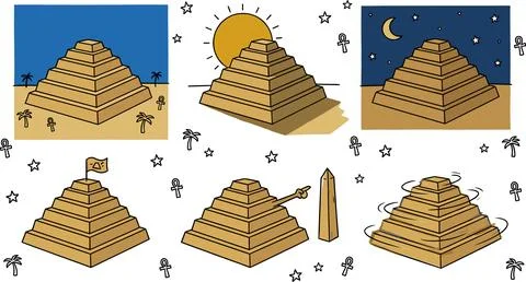 Cartoon Pyramids in Various Settings and Times of Day. Ilustração Stock