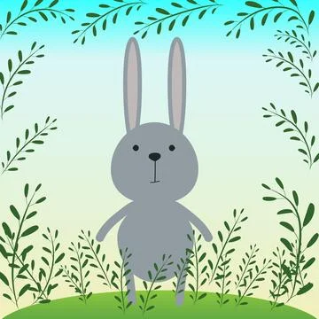Cartoon rabbit on a background of leaves. Stock Illustration