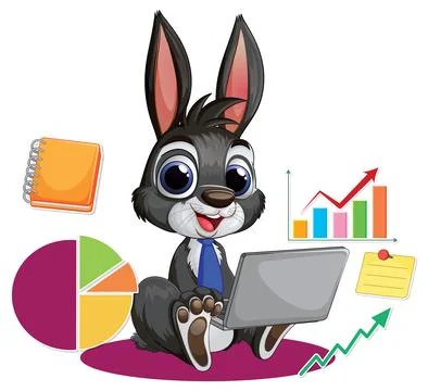 Cartoon Rabbit Business Professional Using Laptop with Financial Data Charts Illustrazione stock