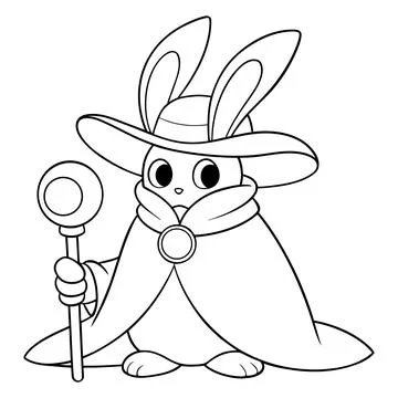 Cartoon rabbit in cloak and hat holding staff line black and white Stock Illustration