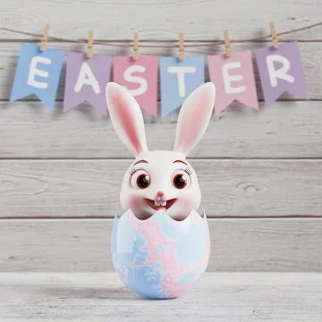 Cartoon Rabbit in Cracked Easter Egg in Front of Easter Sign Hanging on Rop.. Stock Illustration