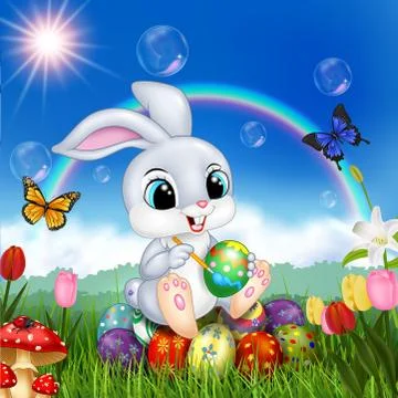 Cartoon rabbit decorating an Easter egg Stock Illustration