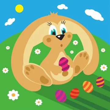 Cartoon rabbit with easter eggs on the grass Stock Illustration