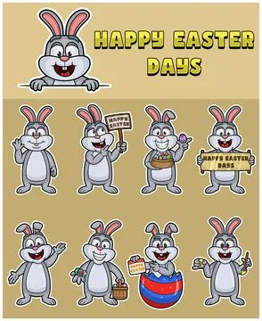 Cartoon of Rabbit with expression set and text. For Happy Easter Days. Stock Illustration